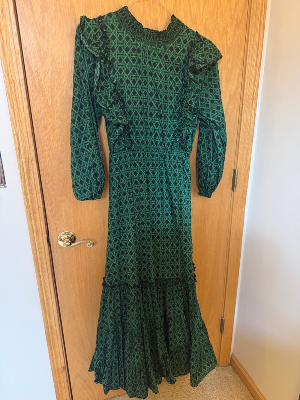 Smocked Neck Green Patterned Maxi Dress with Ruffle Details